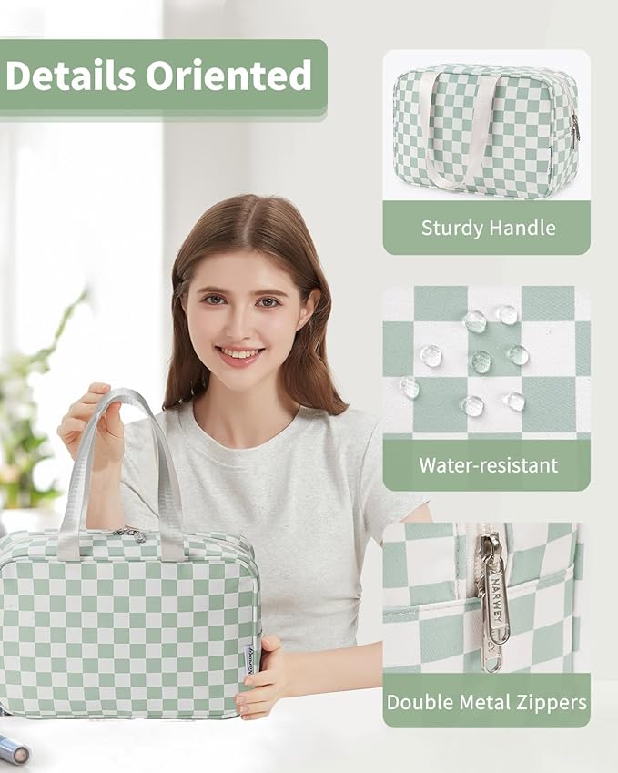 Narwey Large Capacity Travel Toiletry Bag Women, Checkered Makeup Bag with Handle, Portable Make up Cosmetic bag Organizer, Travel Bag for Toiletries, Skincare, Medicine, Essentials (Green Checker)