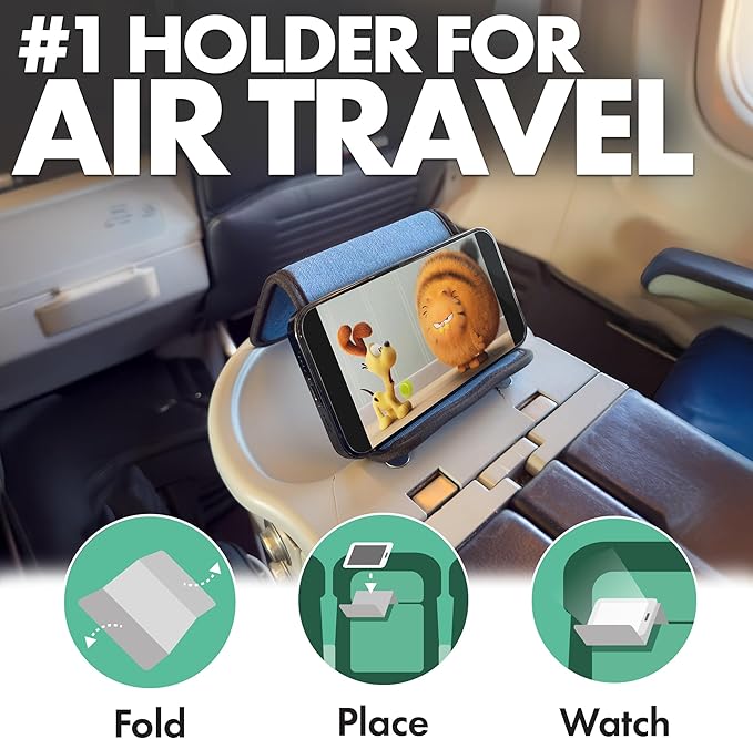 Flight Flap Airplane Phone Holder, Flexible Cell Phone Holder, Folding Cellphone Stand for Desk, Bed, Office, Treadmill - Airplane Gadgets for Long Travel Accessories - Plane Essentials (Blue Denim)