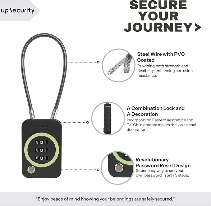 3 Digit Combination Lock, Travel Safe Luggage Locks, Small Cable Lock with Code, Combo Padlock for Suitcase, Backpack, Bag Zipper, Gym Locker, Outdoor Fence, Candados (Luminous, Black)