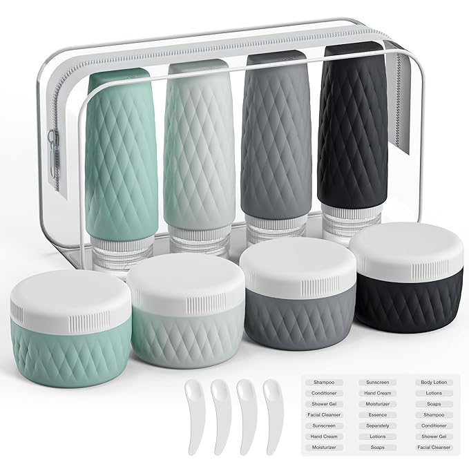 kuangre 8 Pack Travel Bottles for Toiletries - 3 OZ / 90 ML, | Leak Proof Silicone Containers with Clear Bag, Travel Size Toiletries for Lotions, Creams, Foundation, Shampoo, body wash and More |