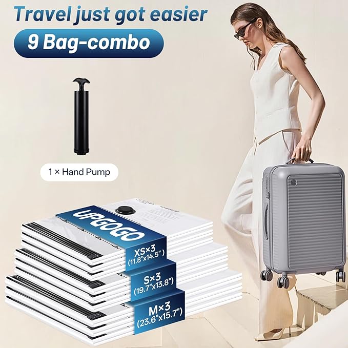 UPGOGO Travel Vacuum Bags for Luggage with Hand Pump,Vacuum Seal Bags for Clothing,Packing Cubes Compression,Cruise Ship and Travel Essentials(Combo 9 Pack)