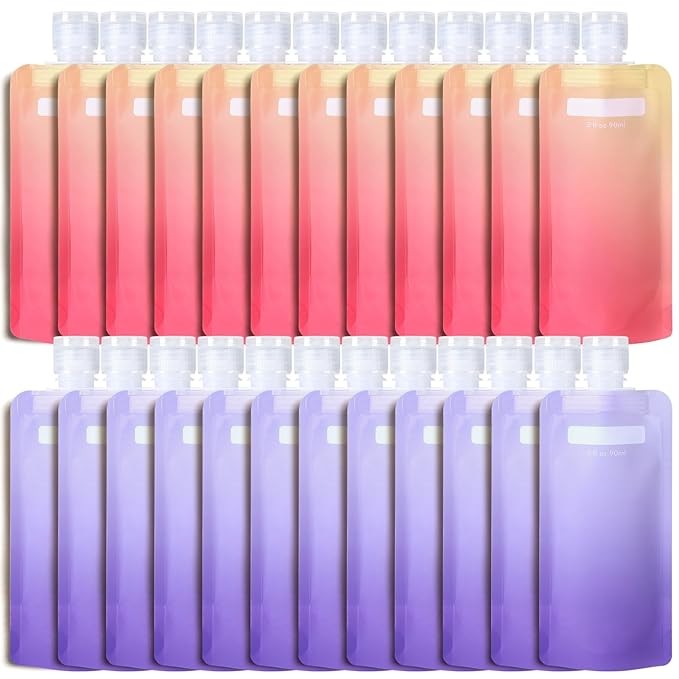 PACKISM 24 Pack Travel Pouches for Toiletries - 3 oz Leak Proof TSA Approved Liquid Containers, Squeeze Bags for Shampoo Lotion, Space Saving Refillable Carriers, Gradient Purple Cherry Yellow