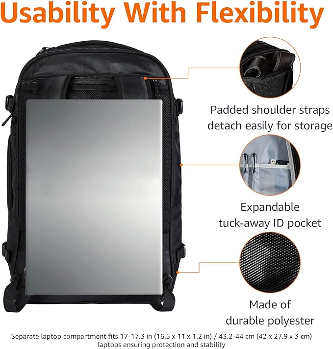 Amazon Basics Travel Backpack, Carry-On with Laptop Compartment, 40L Capacity, Expandable for 10% Extra Space, Convertible Backpack & Shoulder Bag, Multiple Pockets, 15.8"W x 21.5"H x 8.3"D, Black
