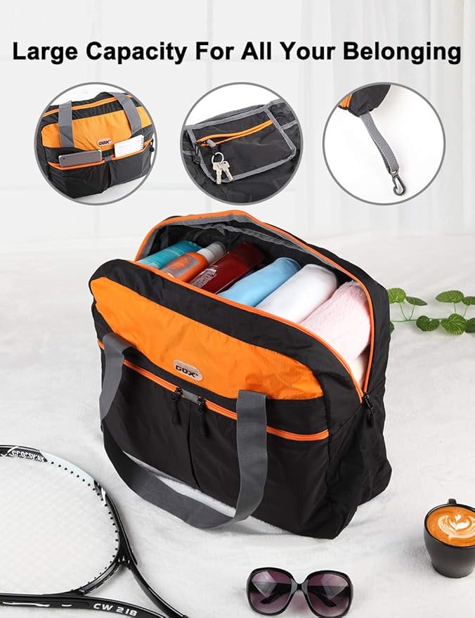GOX Ultra Light Foldable Packable Tote Bag Weekender Crossbody Duffel Nylon for Women Small Travel Tote under Seat Shoulder Bag on Plane Extra Large Bag with Zipper (Black&Orange)