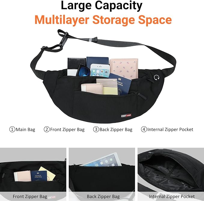 MAXTOP Large Crossbody Fanny Pack with 4-Zipper Pockets,Gifts for Enjoy Sports Festival Workout Traveling Running Casual Hands-Free Wallets Waist Pack Phone Bag Carrying All Phones