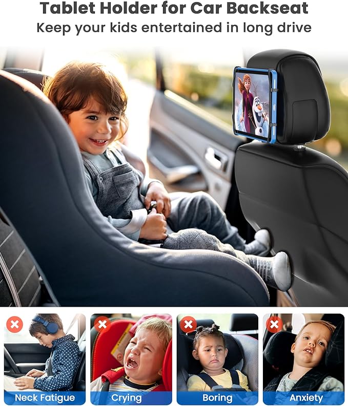 WONNIE Tablet Holder for Car, Upgraded iPad Holder for Car Mount Headrest, iPad Mount Back Seat for Kids with Anti-Slip Strap, Silicone Holding Net/Fits All 7-12.9'' Tablets