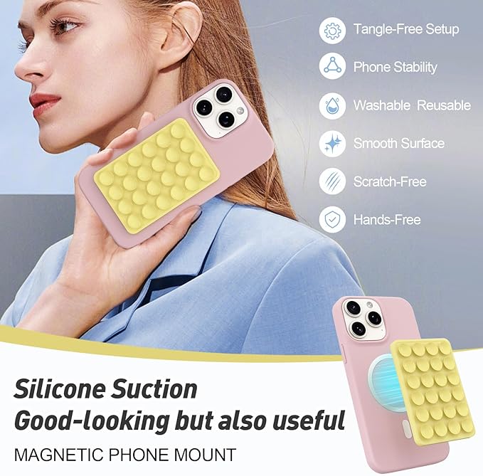 Magnetic Suction Phone Mount for MagSafe Case,Silicone Sticky Phone Grip Holder for iPhone,Removable Hands-Free Selfie/Video for TikTok & Instagram Influencer/Creator (Yellow)
