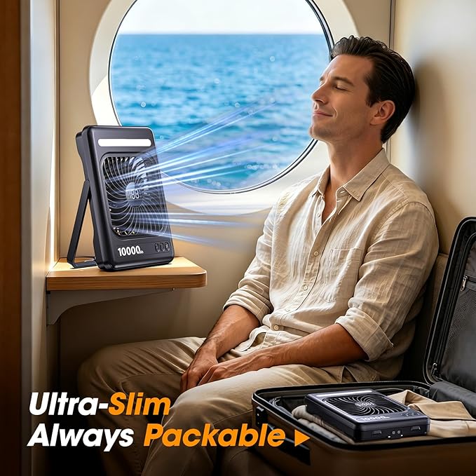 10000mAh Portable Travel Fan, 5 Speeds Strong Wind Cruise Fan with LED Lantern, 24H Runtime Cordless Personal USB Fan, 2/4/6/8H Timer, Ultra-thin Quiet Desk Fan for Camping, Office, Bedroom, Beach