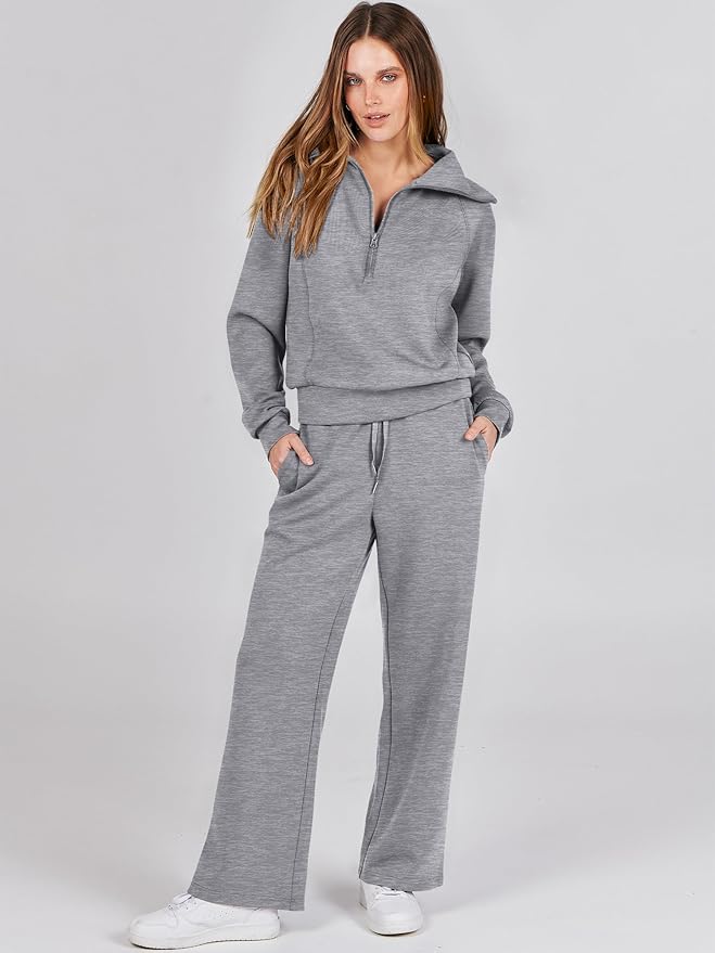 ANRABESS Women 2 Piece Outfits 2025 Fall Fashion Airport Wide Leg Pants Lounge Set Leisure Travel Vacation Clothes Sweatsuits