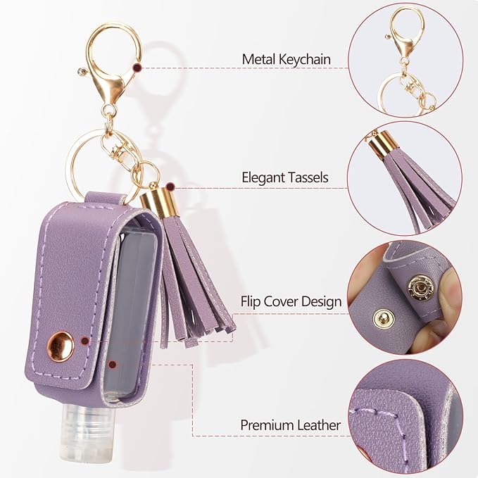 Unaone 1oz/30ml Hand Sanitizer Holder Travel Size, Empty Bottle Leather Sanitizer Holder with Keychain Portable Small Squeeze Bottle Refillable Container for Toiletry Lotion Liquid Soap Shampoo Purple