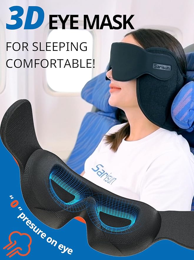 SARISUN Upgraded Travel Pillow, U-Shaped Airplane Head Strap for All Heights, 360° Support, 3D Sleep Mask, 100% Light Blocking, Long Flights Essentials Headrest, Stop Bobblehead, Black (Pack of 2)