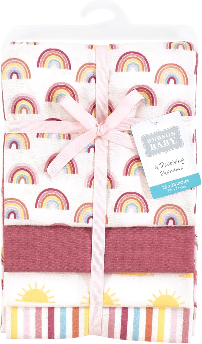 Hudson Baby Unisex Baby Cotton Rich Flannel Receiving Blankets 4-Pack, Sunshine and Rainbows, One Size