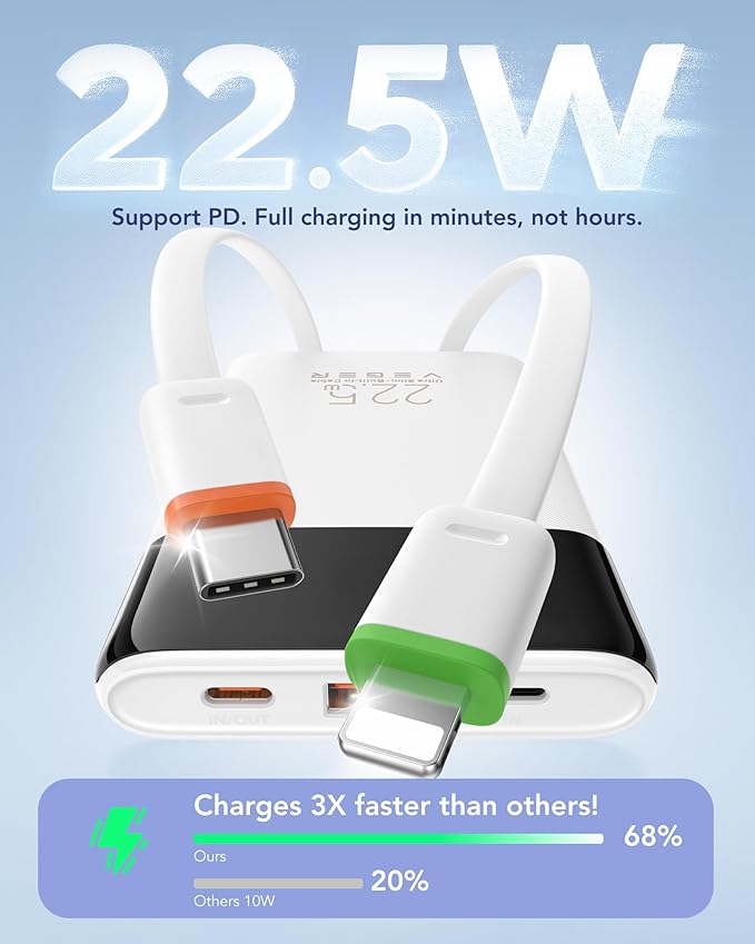 VEGER Portable Charger, Ultra Slim 22.5W Fast Charging with Built in Cable, Flight-Safe 10000mAh USB C Power Bank Battery Pack, Travel Essential Phone Powerbank for iPhone 17 16 Samsung S25 Google etc