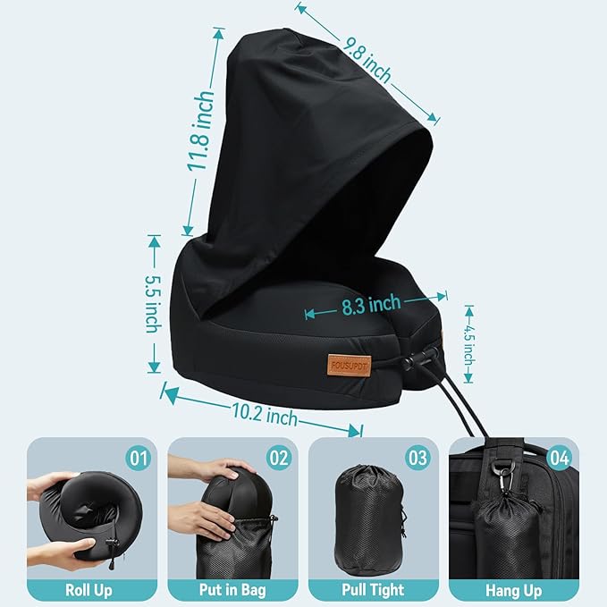 Neck Pillow with Hood, Travel Pillow for Sleeping, Memory Foam Airplane Pillow for Long Flight, Portable Travel Neck Pillow for Flight, Drive, Work, Rest, with Storage Bag
