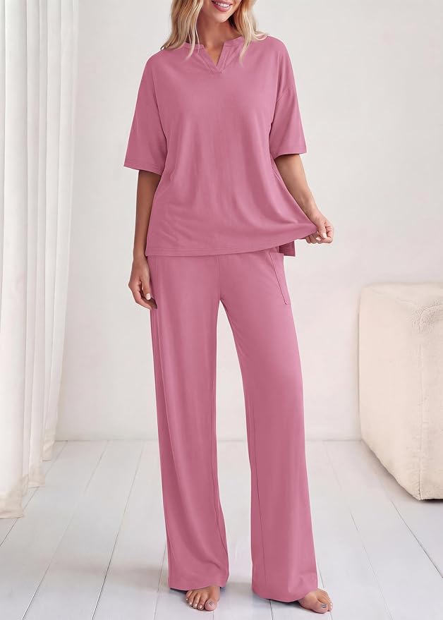 KIRUNDO Womens 2 Piece Matching Lounge Set Airport Travel Vacation Summer Outfits Oversized Short Sleeve Tops Wide Leg Pants