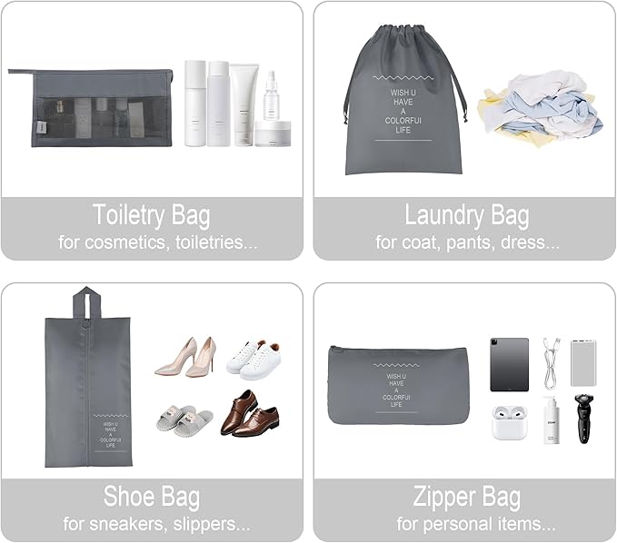 Vercord 8 Set Travel Packing Pods Luggage Organizers Cubes with Laundry Bags Accessories