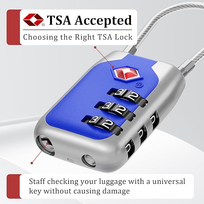 Joyway TSA Approved Luggage Lock, 3 Digit Combination Cable Lock with Alloy Body, Travel Combination Locks for Suitcases, Backpack and Golf Bag (Blue, 2Pack)