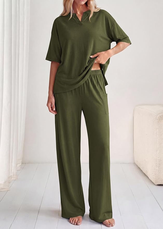 KIRUNDO Womens 2 Piece Matching Lounge Set Airport Travel Vacation Summer Outfits Oversized Short Sleeve Tops Wide Leg Pants