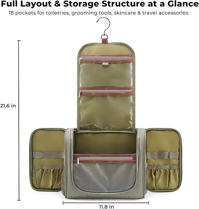 Ralnitote Large Hanging Toiletry Bag for Men, Travel Bathroom Bag with Hook, Hygiene Bag Organizer for Shower, Shaving & Grooming Essentials, Green