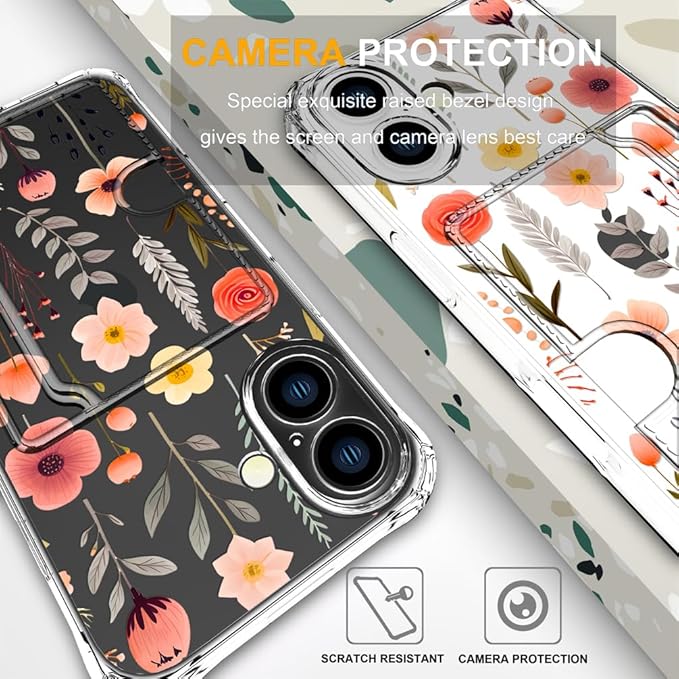 Compatible with iPhone 16 Plus Case Card Holder for Women Cute Design,Wallet Phone Cases Transparent Cool Kawaii Protective (Clear Flowers Leaves)