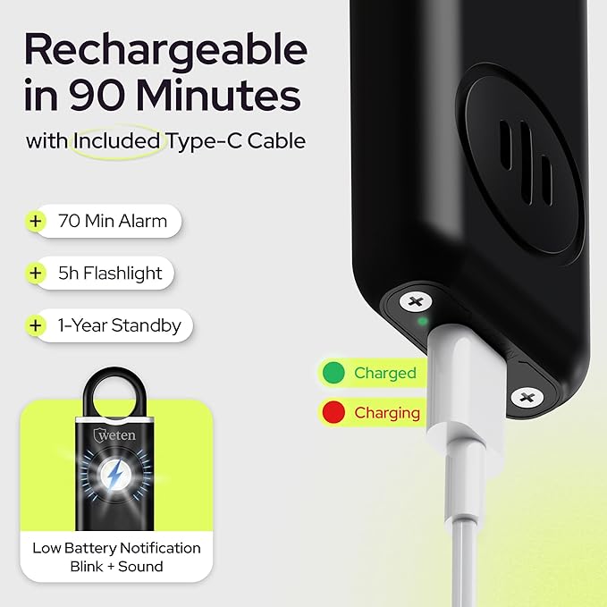 Personal Safety Alarm for Women Protection - 130dB Loud Panic Siren Rechargeable Keychain - LED Light, Carabiner Clip, Low Battery Alert, USB-C Charging Self Defense Alarm by Weten (Black)
