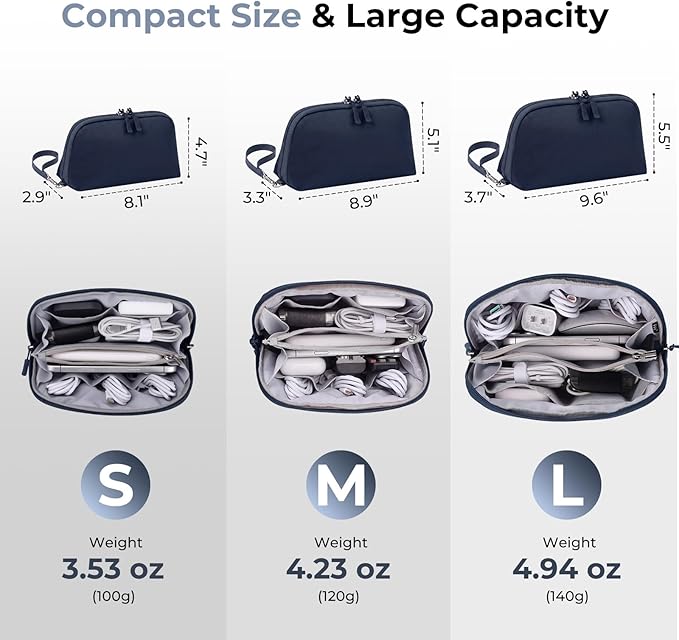FYY Travel Cable Organizer - 8 Compartments Lightweight Water Resistant Tech Pouch with Wrist Strap, Electronic Accessories Case for Cord Charger Storage for Travel Home Office, Navy (Medium)