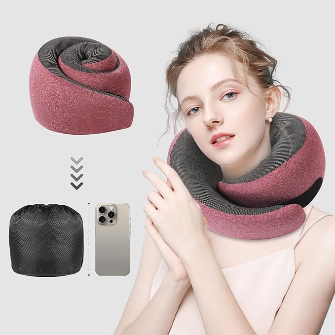 Travel Pillow, 100% Pure Memory Foam Neck Pillow for Airplanes, Comfortable Breathable Cover, Travel Essentials for Plane, Car, Train and Home, Red