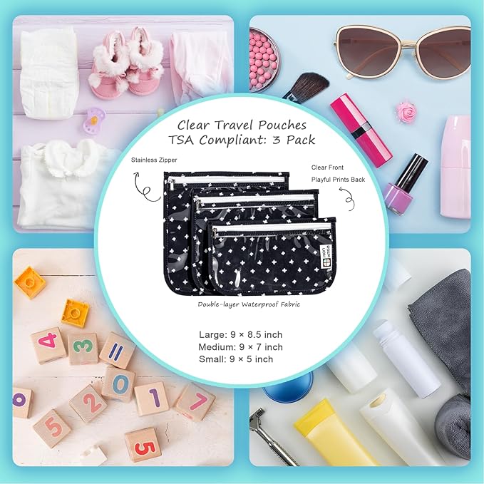 HIONXMGA TSA Approved Toiletry Bag, Set of 3 Clear Travel Toiletry Bag Quart Size Zipper Travel Pouch, Waterproof Makeup Cosmetic Bag for Women Men Kids Toiletries Carry on, PlusXX