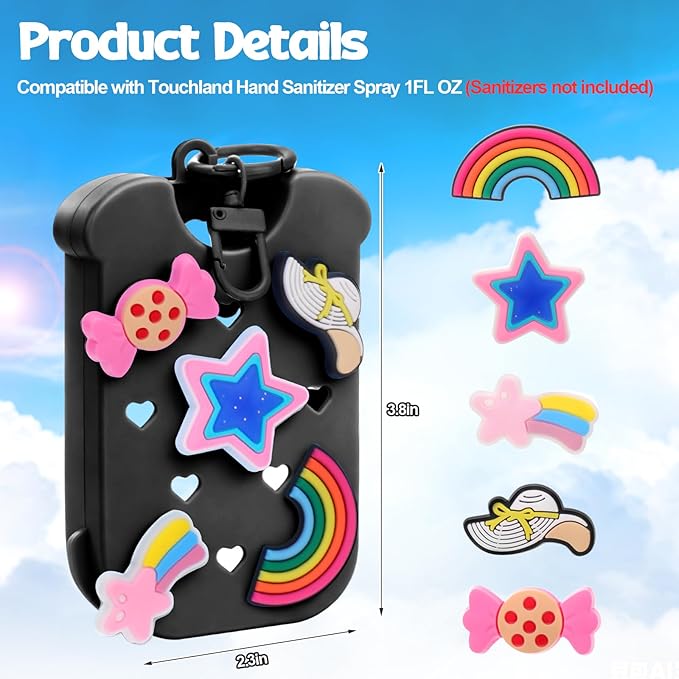 Mity rain Hand Sanitizer Spray Case Compatible With Touchland, Cute Silicone Hand Sanitizer Holder Keychain with 4 Charms, Portable Refillable Sanitizer Accessory, Gift for Women And Teens