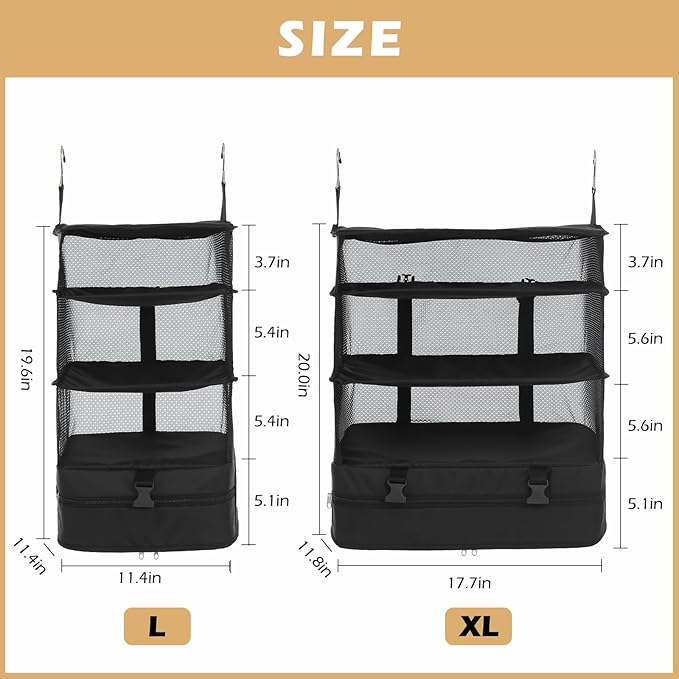 Surblue Hanging Closet Storage Bag Collapsible 3-Shelf Washable Oxford Fabric with 2 Hooks (L 11.41 * 11.41 * 19.68in, Black)