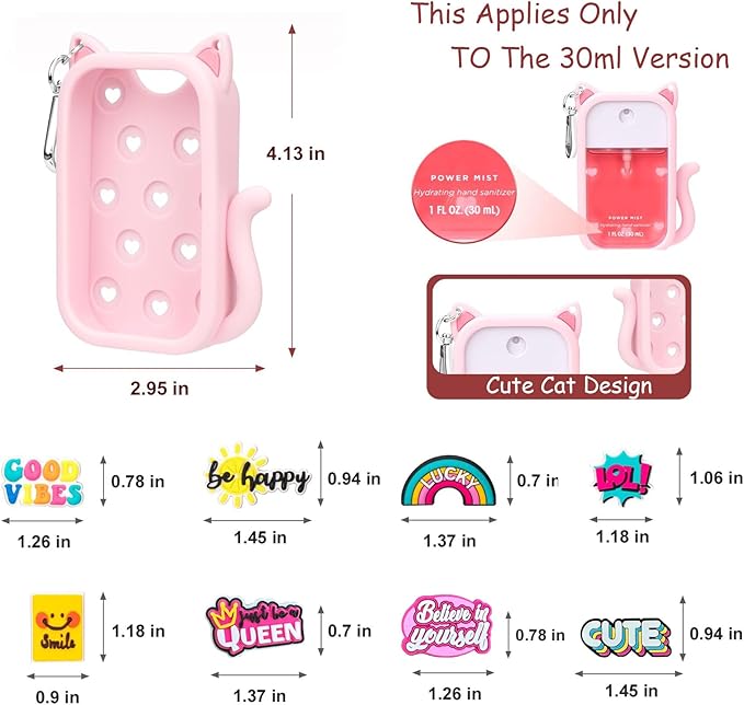 Portable Silicone Case Compatible with Touchland Hand Sanitizer 1 FL OZ / 30ML, Cute Cat-Shaped Case with 8 Charms and Keychain, Hand Sanitizer Spray Accessory, Gift for Women And Teens(Pink cat)