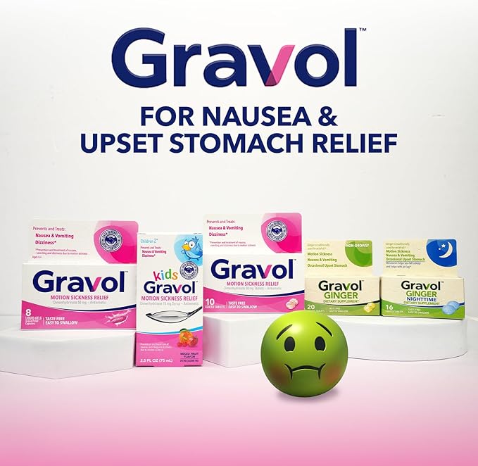 Gravol Kids Chewable Tablets for Nausea, Upset Stomach and Motion Sickness Relief, Dye Free, Cherry Flavor, Age 2 to 12, 18ct (Pack of 2)