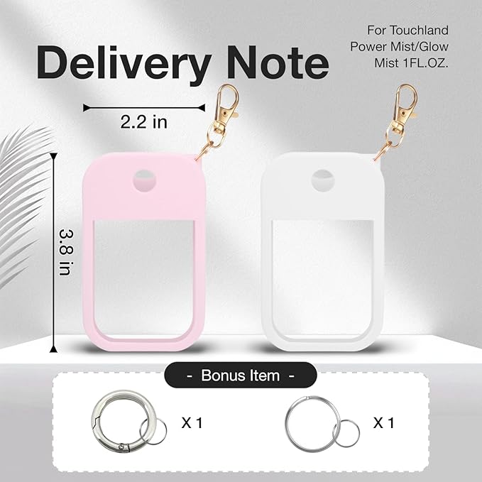 2 PCS Soft Silicone Case for Touchland Power Mist (1FL. OZ./30 mL), Protective and Stylish Case with Keychain Compatible with Touchland Hand Sanitizer Spray (Pink/White)