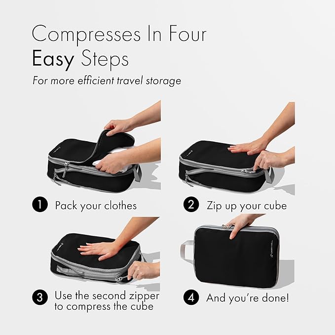 (Not Made In China) Compression Packing Cubes For Travel, Suitcase and Luggage Space Saver Organizer Bags, Lightweight, Waterproof Nylon, Durable, 4pc Set, Black