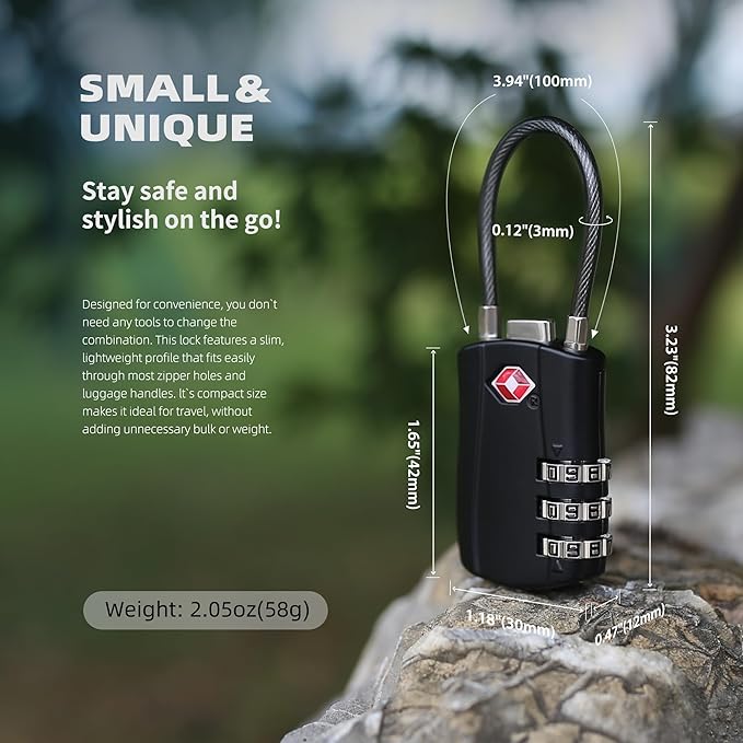 TSA Locks for Luggage, Small Padlock Combination with Cable, Luggage Locks TSA Approved, Combo Padlock with Code, for Travel Suitcase, Gym Locker, Gun Case, Backpack Zipper (Black+Black)