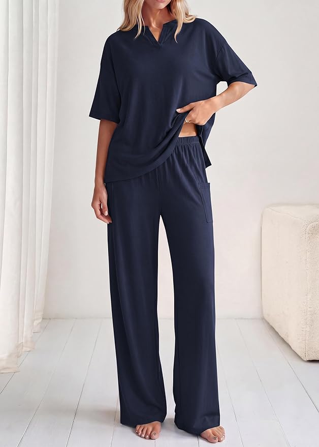 KIRUNDO Womens 2 Piece Matching Lounge Set Airport Travel Vacation Summer Outfits Oversized Short Sleeve Tops Wide Leg Pants