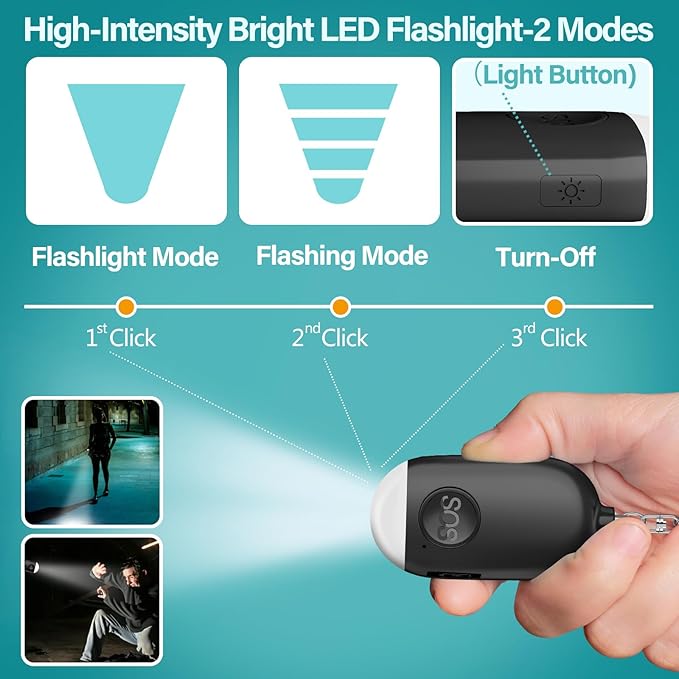 Hion Personal Safety Alarm for Women, 2 Pack Rechargeable 130dB Self Defense Alarm Keychain with LED Flashlight, Emergency Safe Sound Security for Children Elderly College Girls, Black+Pink
