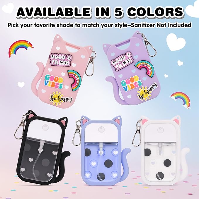 Silicone Case Holder Compatible with Hand Sanitizer Spray Touchland 1 fl oz, Cute Cat Ear Protective Case with Keychain & 4 Decorative Charms (Black, 1P)