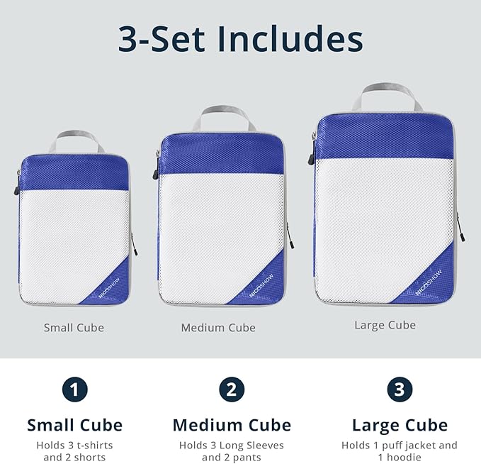 NICOSHOW Compression Packing Cubes 3 Set, Compressible Space-Saving Packing Cubes for Travel - Compression Bags, Luggage Organizer, Travel Essentials for Women, Royal Blue