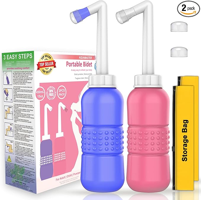 2PCS- Portable Bidet for Toilet 450ml Peri Bottle Postpartum Care, Perineal Bottle | The Original Travel Bidet with Water Sealing Cap Waterproof Storage Bag