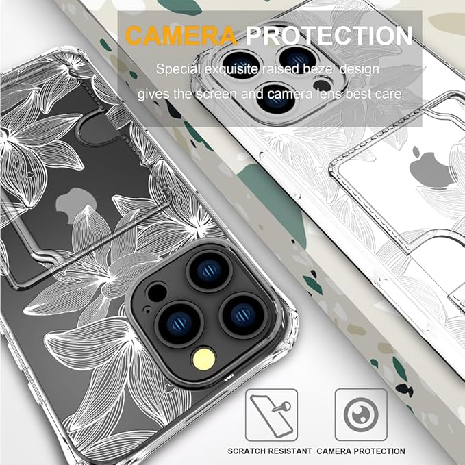 Compatible with iPhone 16 Pro Max Case Card Holder for Women Cute Design,Wallet Phone Cases Transparent Cool Kawaii Protective (Clear Flower White)