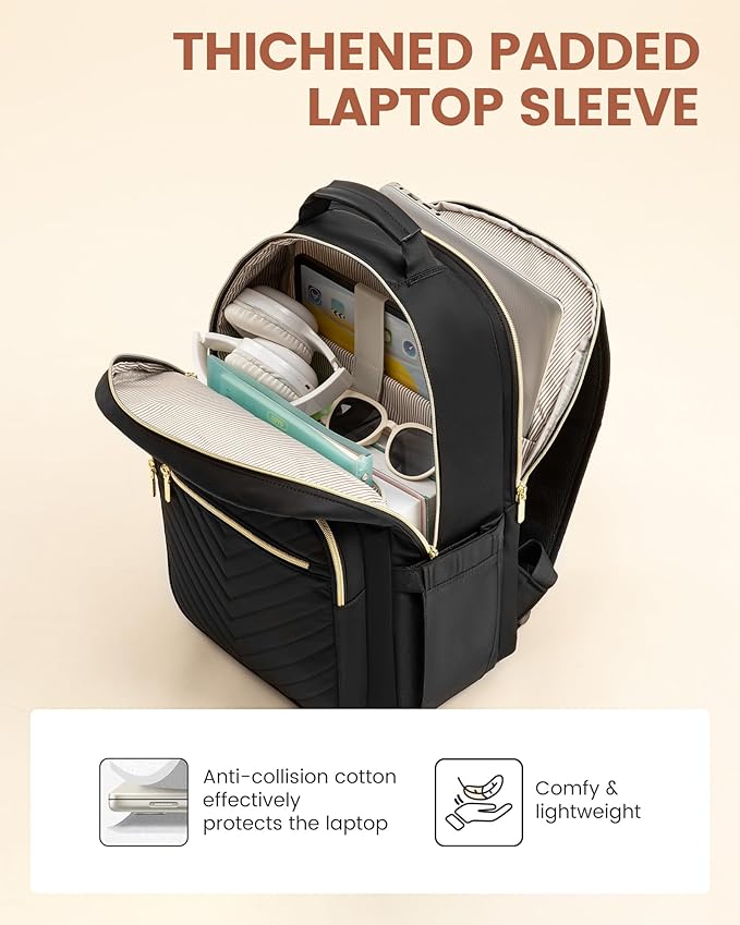 LOVEVOOK Laptop Backpack for Women with Giant Tumbler Holder 18.4 inch,Designer Travel Backpack Laptop Bag College Backpack,Quilted Work Nurse Teacher Backpack Purse Computer Bag Daypack,Black Brown