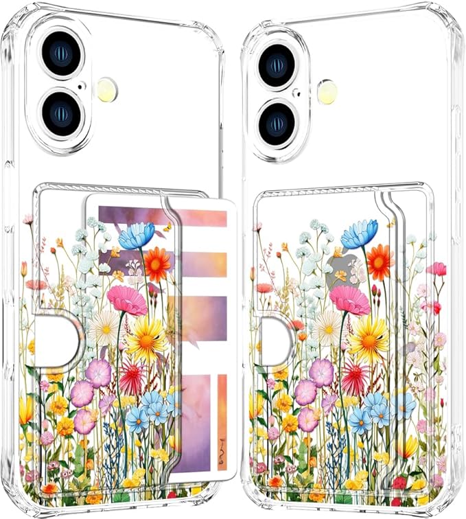 Compatible with iPhone 16 Plus Case Card Holder for Women Cute Design,Wallet Phone Cases Transparent Cool Kawaii Protective (Clear Flowers Herbs Wild Plants)