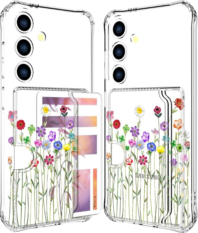 Compatible with Samsung Galaxy S24 / S25 Case Card Holder for Women Cute Design,Wallet Phone Cases Transparent Cool Kawaii Protective (Clear Flower Floral Bouquet)