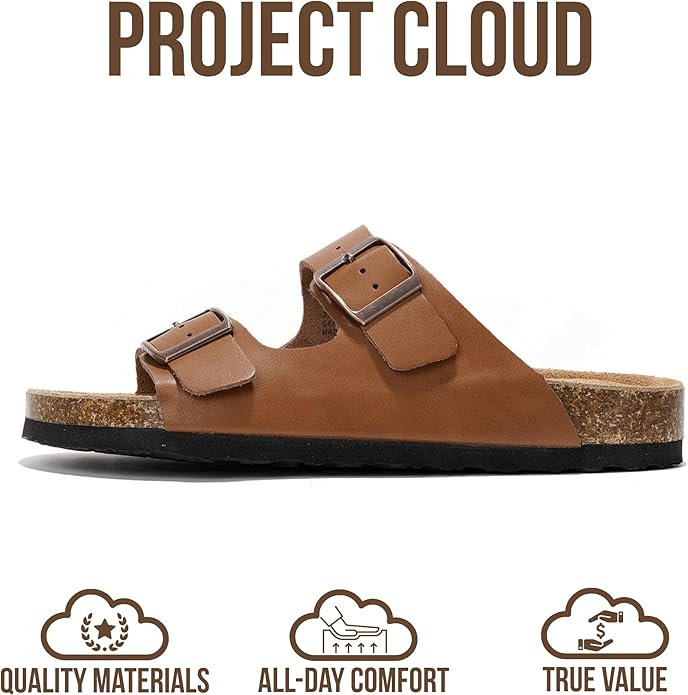 Project Cloud 100% Genuine Leather Flat Sandals For Women 2026 Cork Footbed Womens Sandals with Memory Foam and arch support Vacation Essentials Slides for Women Footwear (Venita)