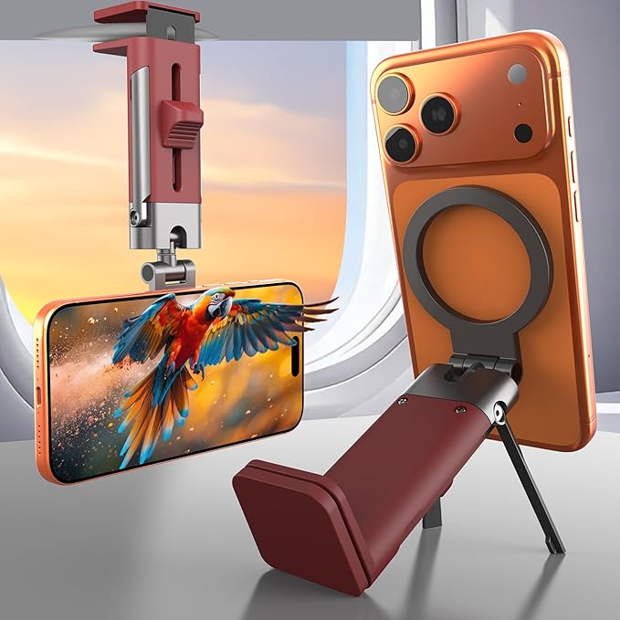 Airplane Phone Holder Travel Essentials for Women Magnetic Phone Holder for Plane Tray Table & Luggage Handle,Travel Sized 360° Rotation Foldable Desk Phone Stand for Long Flight Flying Claret