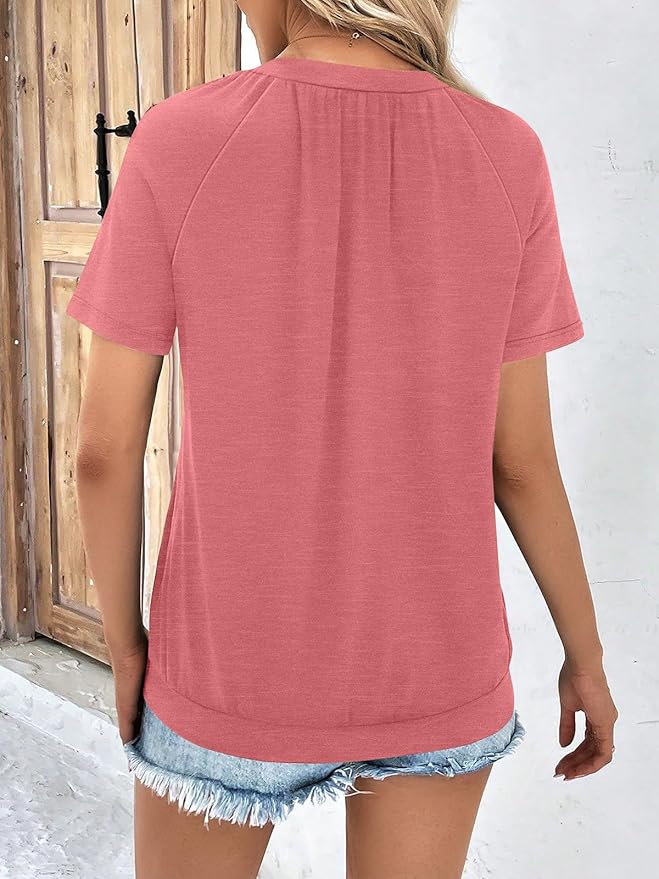AUTOMET Womens Tops Short Sleeve V Neck T Shirts 2026 Summer Spring Beach Vacation Clothes Casual Loose Ruched Top