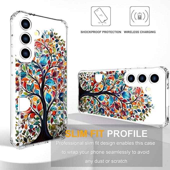 Compatible with Samsung Galaxy S24 / S25 Case Card Holder for Women Cute Design,Wallet Phone Cases Transparent Cool Kawaii Protective (Clear Tree Colorful Leaves)