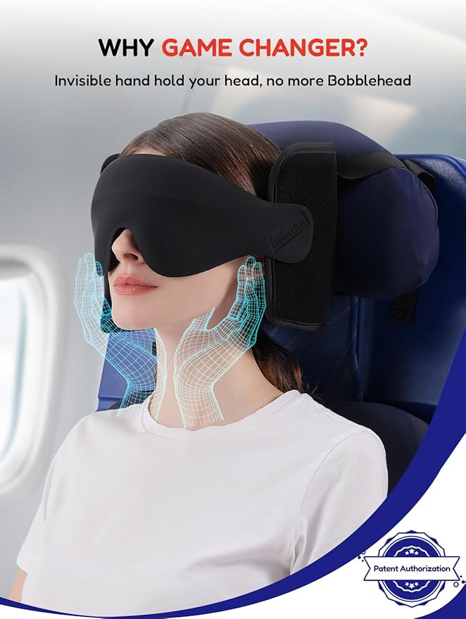 Travel Pillow for Airplane, Travel Pillow with Seat Strap and 3D Eye Mask to Firm Head, 360°Support Headrest No Bobblehead, Travel Essentials for Long Flight,Car Road Trip,Mottled Red
