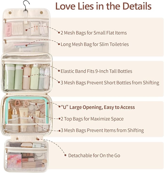 PACKISM Hanging Travel Bag for Traveling - Soft PU Leather Waterproof Travel Toiletry Bag for Full-Sized Toiletries, with Inner Pockets for Small Items, U Wide Open and Detachable Bag, Off White (L)